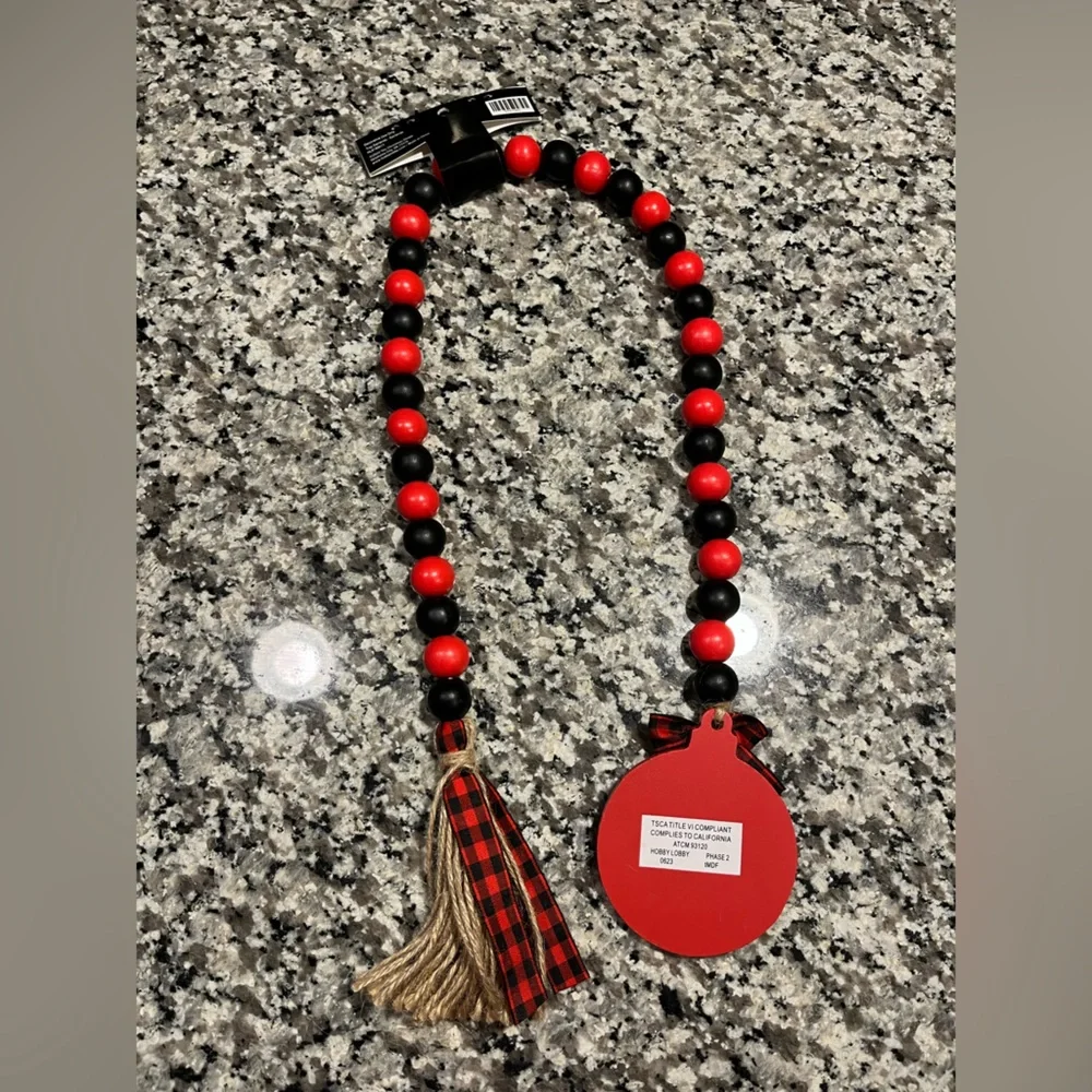 New! Red and black decorative decor, merry Christmas wooden bead garland